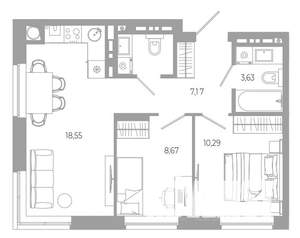 2-к квартира, вторичка, 51м2, 11/18 этаж