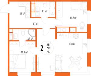 2-к квартира, вторичка, 72м2, 14/18 этаж
