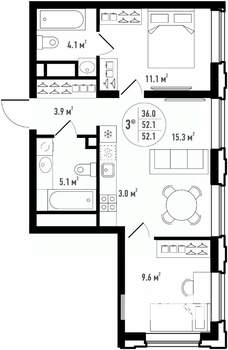 3-к квартира, вторичка, 52м2, 19/24 этаж