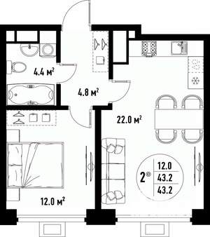 2-к квартира, вторичка, 43м2, 11/25 этаж