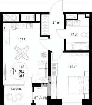 1-к квартира, вторичка, 39м2, 11/17 этаж