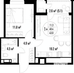 1-к квартира, вторичка, 43м2, 21/25 этаж