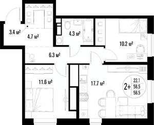 2-к квартира, строящийся дом, 59м2, 15/25 этаж