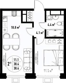 2-к квартира, вторичка, 38м2, 25/25 этаж