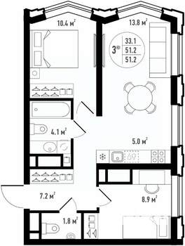 3-к квартира, вторичка, 51м2, 24/24 этаж