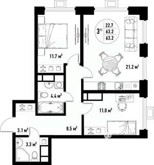 3-к квартира, вторичка, 63м2, 9/25 этаж