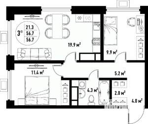 3-к квартира, вторичка, 57м2, 23/25 этаж
