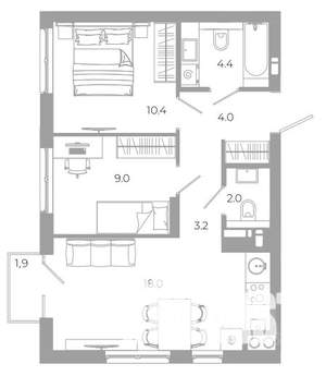 2-к квартира, вторичка, 53м2, 9/25 этаж