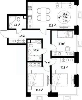 4-к квартира, вторичка, 78м2, 3/25 этаж