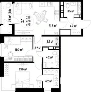 2-к квартира, строящийся дом, 70м2, 25/25 этаж