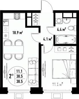 2-к квартира, вторичка, 39м2, 17/25 этаж