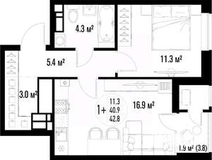 1-к квартира, вторичка, 43м2, 19/25 этаж