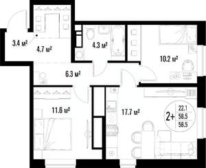 2-к квартира, строящийся дом, 59м2, 11/25 этаж