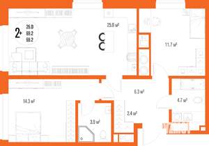 2-к квартира, вторичка, 69м2, 13/17 этаж