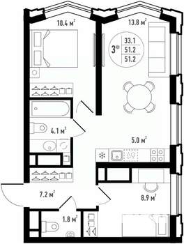 3-к квартира, вторичка, 51м2, 4/24 этаж