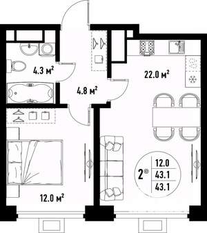 2-к квартира, вторичка, 43м2, 18/25 этаж