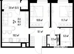 2-к квартира, вторичка, 61м2, 20/25 этаж