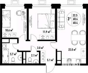 3-к квартира, вторичка, 60м2, 4/25 этаж