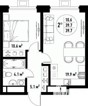 2-к квартира, вторичка, 40м2, 22/25 этаж