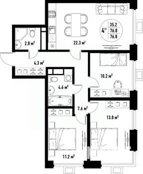 4-к квартира, вторичка, 77м2, 14/25 этаж