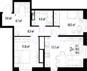 2-к квартира, строящийся дом, 59м2, 16/25 этаж