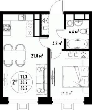 2-к квартира, вторичка, 41м2, 19/25 этаж