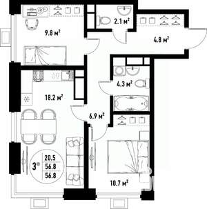 3-к квартира, вторичка, 57м2, 24/25 этаж