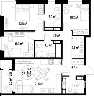3-к квартира, строящийся дом, 87м2, 10/25 этаж