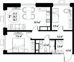 3-к квартира, вторичка, 57м2, 20/25 этаж