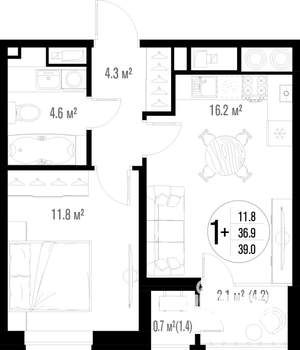 1-к квартира, строящийся дом, 39м2, 4/18 этаж