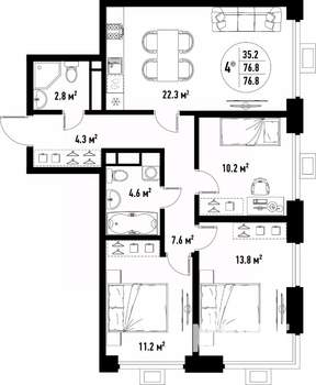 4-к квартира, вторичка, 77м2, 6/25 этаж