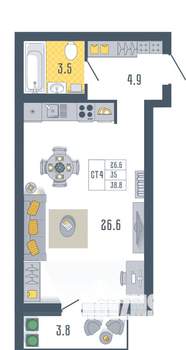 Студия квартира, вторичка, 39м2, 11/17 этаж