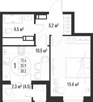 1-к квартира, строящийся дом, 38м2, 12/25 этаж