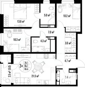 3-к квартира, вторичка, 87м2, 4/25 этаж