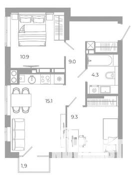 2-к квартира, вторичка, 51м2, 9/25 этаж