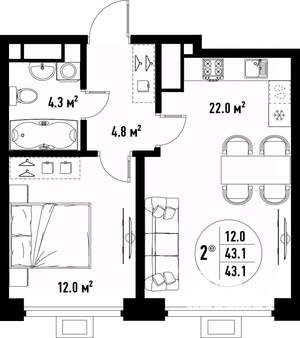 2-к квартира, вторичка, 43м2, 19/25 этаж