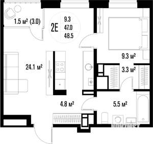 1-к квартира, строящийся дом, 49м2, 10/18 этаж