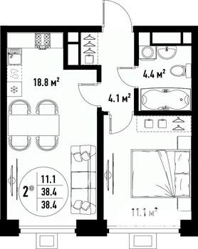 2-к квартира, вторичка, 38м2, 18/25 этаж