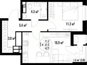 1-к квартира, строящийся дом, 43м2, 16/25 этаж