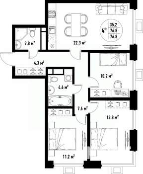 4-к квартира, вторичка, 77м2, 8/25 этаж