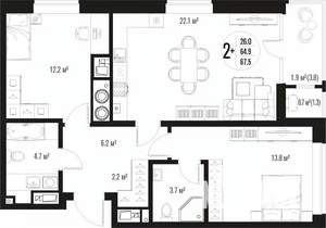 2-к квартира, вторичка, 68м2, 11/17 этаж