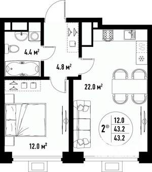 2-к квартира, вторичка, 43м2, 15/25 этаж