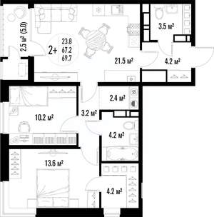 2-к квартира, вторичка, 70м2, 8/25 этаж