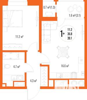 1-к квартира, вторичка, 39м2, 4/17 этаж