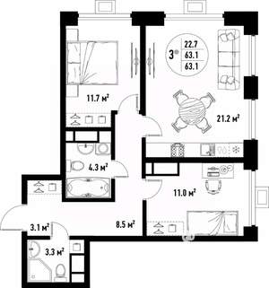 3-к квартира, вторичка, 63м2, 23/25 этаж