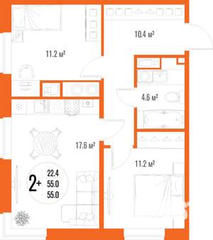 2-к квартира, вторичка, 55м2, 9/18 этаж