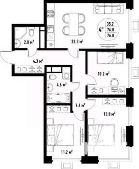 4-к квартира, вторичка, 77м2, 7/25 этаж
