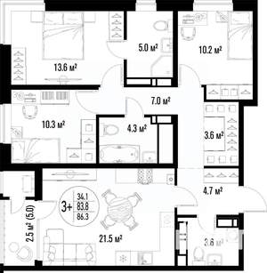 3-к квартира, строящийся дом, 86м2, 19/25 этаж