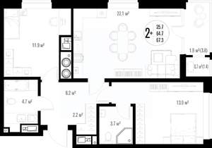 2-к квартира, вторичка, 67м2, 15/17 этаж
