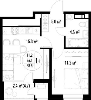 1-к квартира, строящийся дом, 39м2, 22/25 этаж